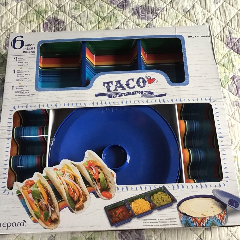 Taco set with 4 taco holders , 1 tortilla warmer , 1 multi section tray New